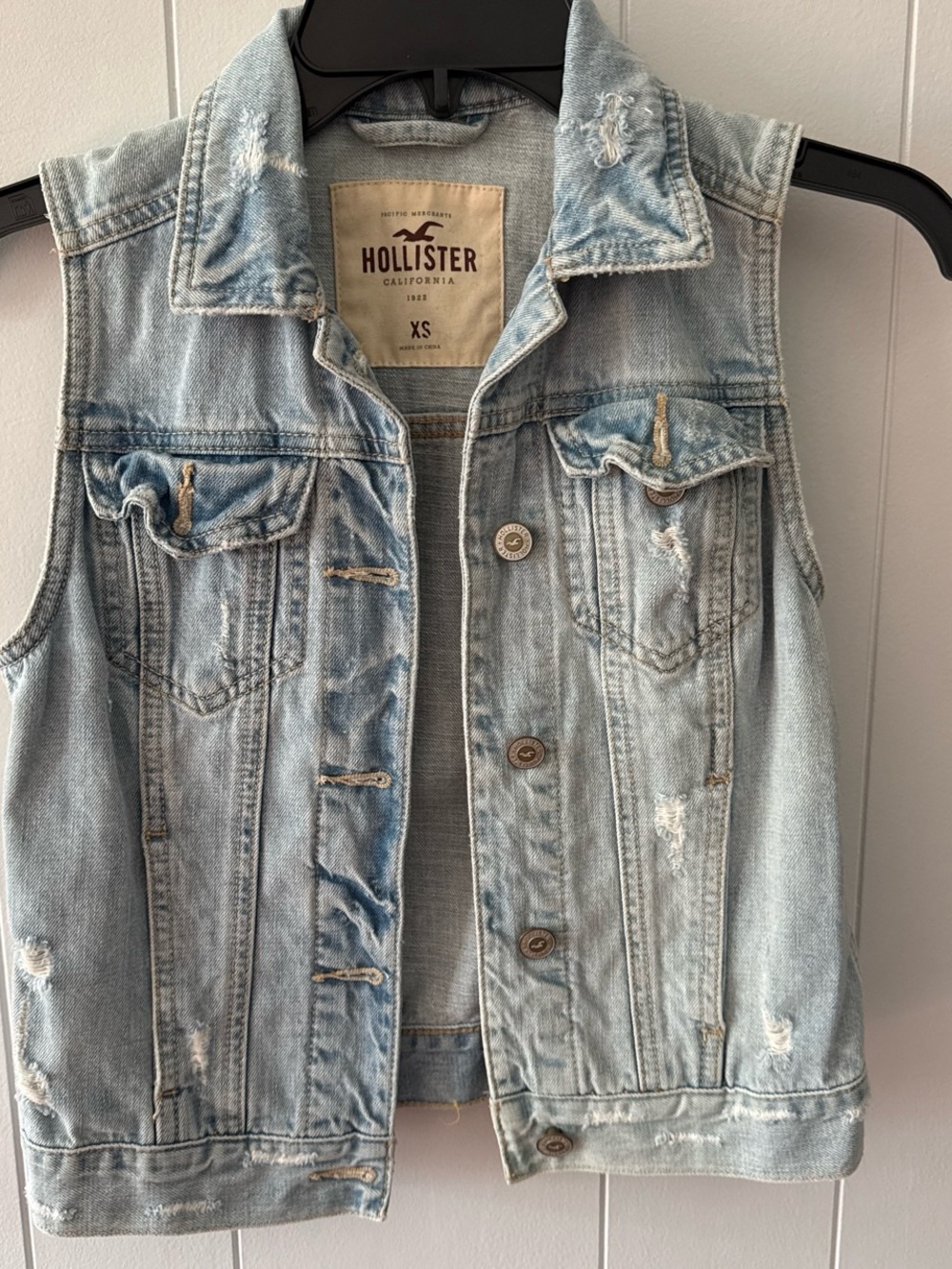 Hollister Light Wash Distressed Denim Vest
